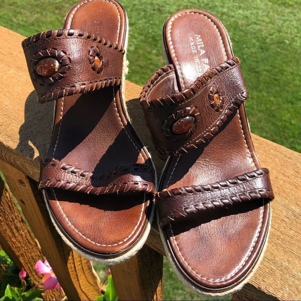 Mila Paoli brown leather wedge sandals size 6